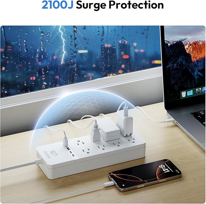 25 ft Extension Cord Flat Plug, NTONPOWER 8 Outlet Surge Protector Power Strip with USB Ports, 1080 Joules, 15A Circuit Breaker, Wall Mount for Home Office Workshop or Garage, ETL Listed, White