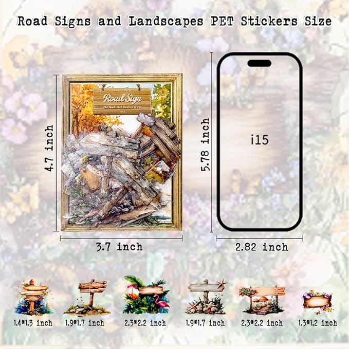 240 Sheets Retro Wood Road Sign Stickers for Journaling, 6 Pack Assorted Designs Decorative Transparent PET Stickers for Scrapbooking, Junk Journals, Collage, DIY Crafts Arts
