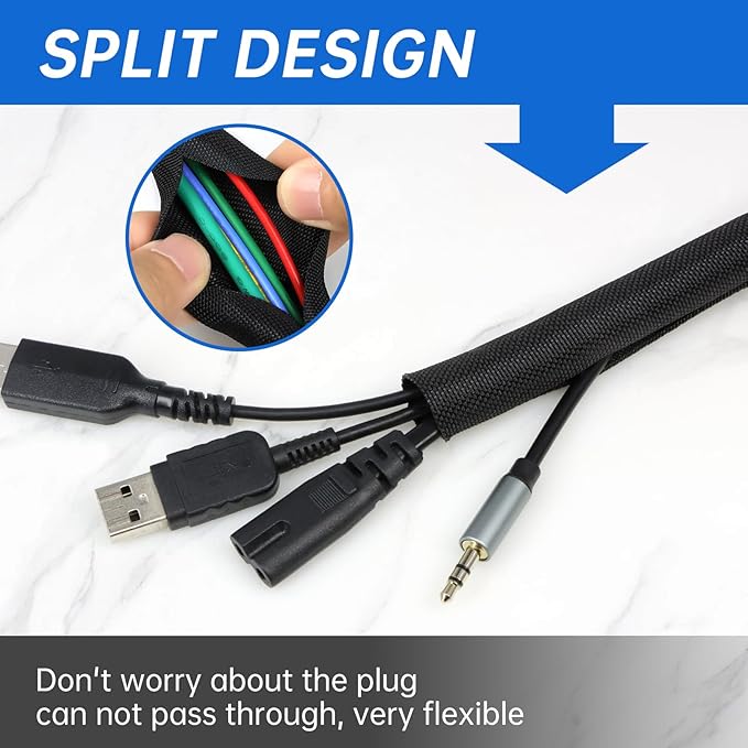 YOUBO Split Braided Cable Sleeve，Flexible Wire Loom Tubing, Automotive Cord Protector Pet Proof, Cable Management for Computer TV Electric Wires Harness 16ft (Black, 8mm（5/16")