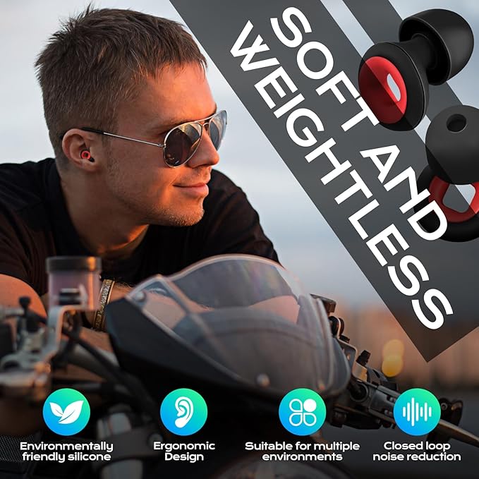 Artevive Earplugs Motorcycle.Ear Plugs for Sleeping Noise Cancelling 35dB Noise Reduction、Reusable Ear Plugs,Super Soft for Motorcycles Cycling、Sleeping、Work、Travel(Red Inner Circle)