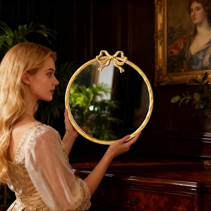 32 Inch Vintage Gold Round Wall Mirror, Antique Ornate Metal Circle Mirror with Baroque Bow Decor for Bathroom Vanity, Bedroom, Living Room, Hallway (Gold, 32" Lx32 W)