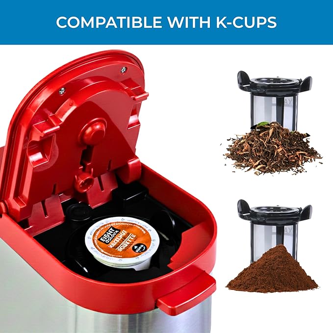Kenmore Single Serve Coffee Maker – 6–14 Oz Brew Sizes, Compatible with Keurig K‑Cup Pods & Ground Coffee, One Cup Brewer, Travel Mug Friendly, Auto Shut‑Off, Hot & Iced maquina de cafe, Red