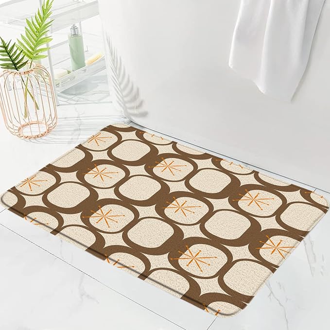 Mid Century Modern Bath Mat Abstract Atomic Geometric Retro 1950s Brown Bathroom Kitchen Toilet Rugs,24x48 Inch