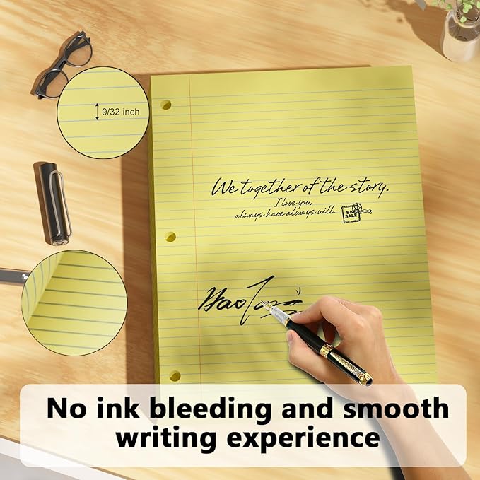 Yellow Loose Leaf Paper 200 Sheets Colored Filler Paper 2 Pack 8 * 10.5 College Ruled Paper 3-Hole Punched Paper for 3-Ring Binders Notebook Lined 8" x 10.5"