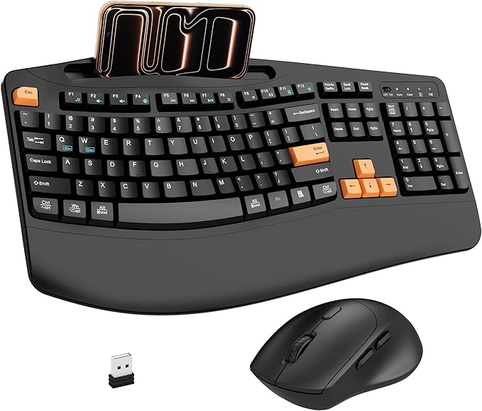Wireless Keyboard and Mouse Combo, 2.4G Full Size Wave Keys Ergonomic Keyboard with Wrist Rest, Phone Holder, 3-Level DPI Wireless Silent Mouse with 6-Buttons, for Windows/Mac OS/Laptop(Orange Black)