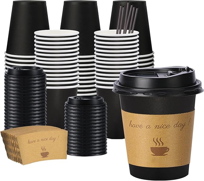 Lamosi 10 oz Coffee Cups with Lids 100 Pack, Disposable Coffee Cup with Stir Sticks and Sleeves, To Go Hot Paper Cup for Home, Travel, Office