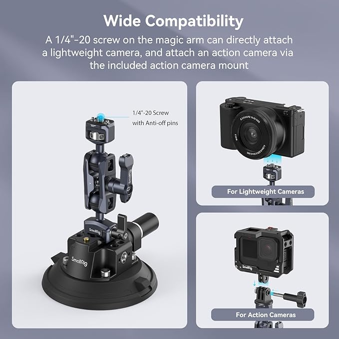 SMALLRIG 4" Camera Suction Mount with Ball Head Magic Arm, Car Mount for Lightweight Camera/Action Camera/Phone, Air Pump Vacuum Suction Cup, Max Load 3kg/6.6 Pound - 4236