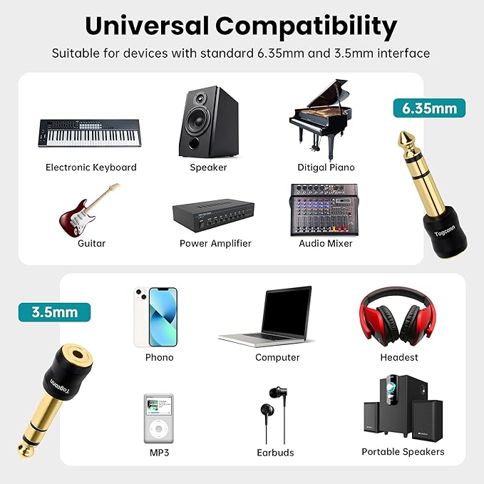6.35mm 1/4 Inch to 3.5mm 1/8 Inch Adapter 2 Pack, 6.35mm Quarter Inch TRS Stereo Male to 3.5mm Female Jack Plug Gold-Plated Pure Copper Audio Converter Connector Premium Quality Series