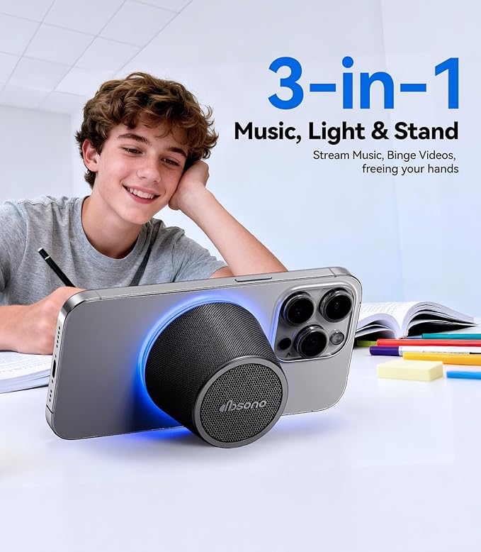 Small Bluetooth Speaker Gifts for Teens: Valentines Gifts for Him Her, 3 IN 1 Portable Magnetic Speaker with 9-Mode Lights, Waterproof Phone Stand for Desk, Cool Birthday Gadget Gifts for Adults