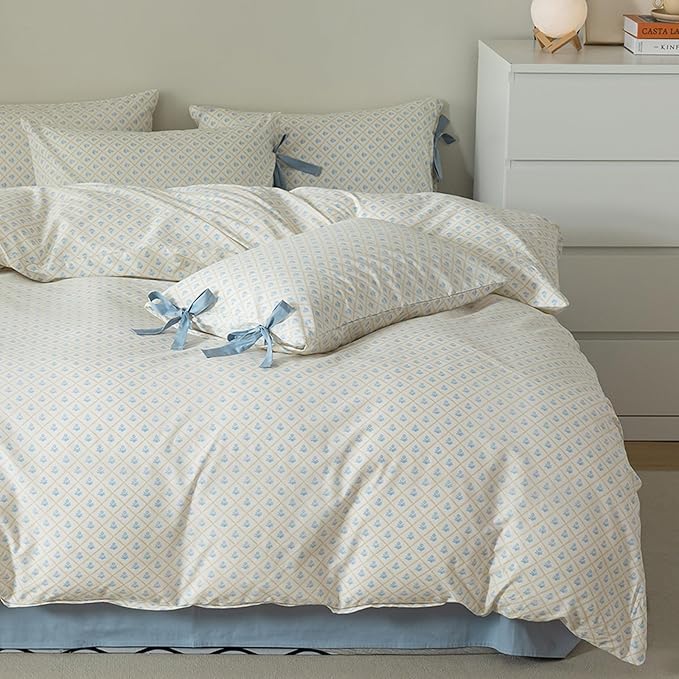 HighBuy Botanical Blue Flower Comforter Set Full Size Checkered Floral Comforter Set Full Girl Toddler French Country Style Coquette Bed Comforter Sets with 2 Bowknot Bow Tie Pillowcases,Luxury Comfy