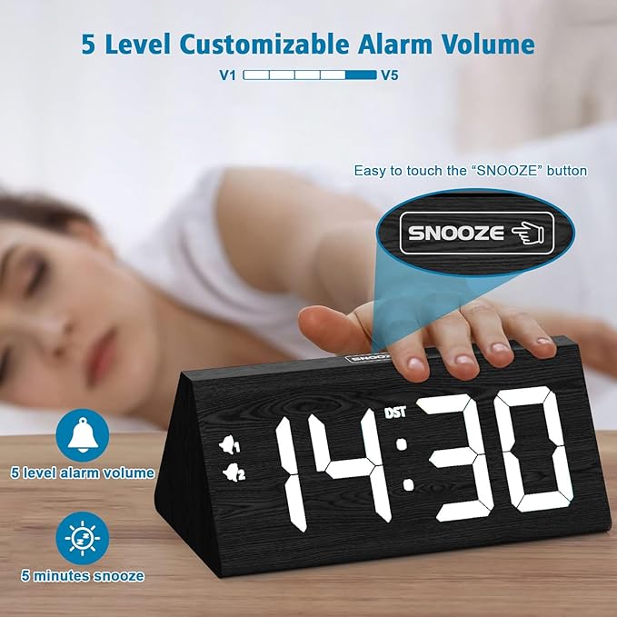 fomobest Wooden Digital Alarm Clock with Dual USB Charging Ports, DST, Dimmable, Snooze, Modern Large Time Display LED Clock for Kids Bedrooms, Living Room, Desk, Table, Bedside, Nightstand (Black)