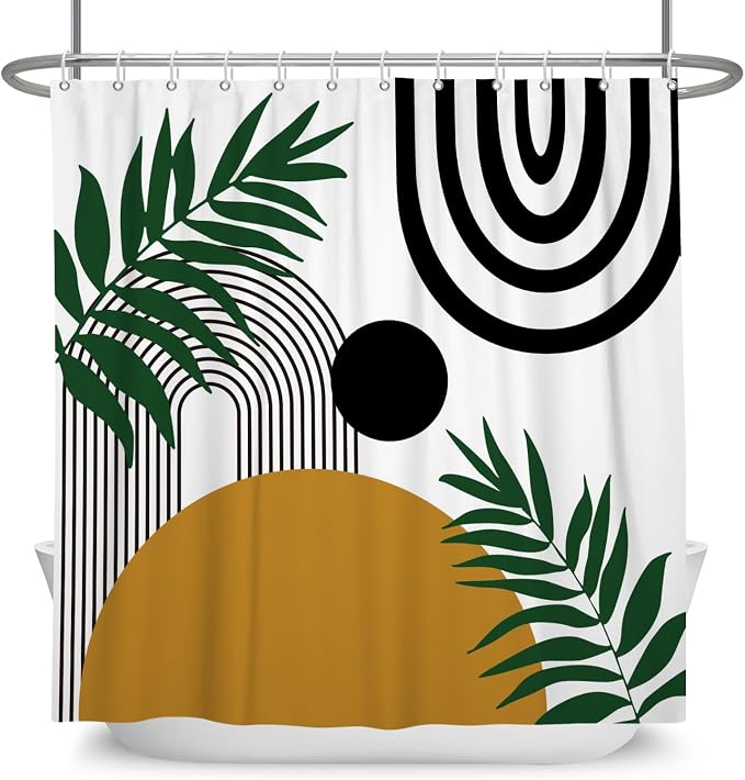 Boho Mid Century Shower Curtain Bohemian Abstract Modern Sun Bathroom Curtain Geometric Arch Curve Leaves Polyester Shower Curtain Sets for Bathroom Extra Long 69x70 in with 12 Hooks