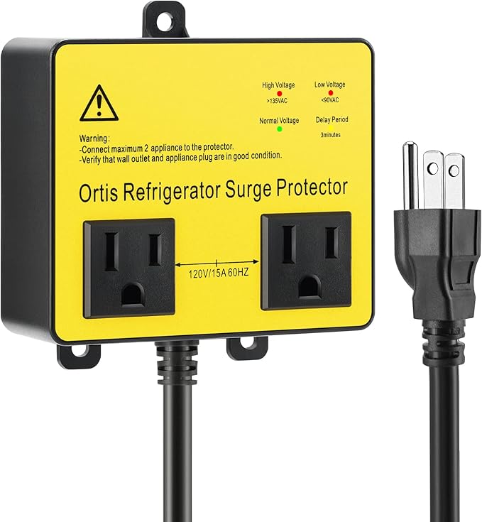 Refrigerator Surge Protector, Ortis Double Outlet Voltage Protector for Home Appliances with Time Delay, Protects Against Brownout, Spike, Instant Surge All Voltage Abnormalities, Yellow