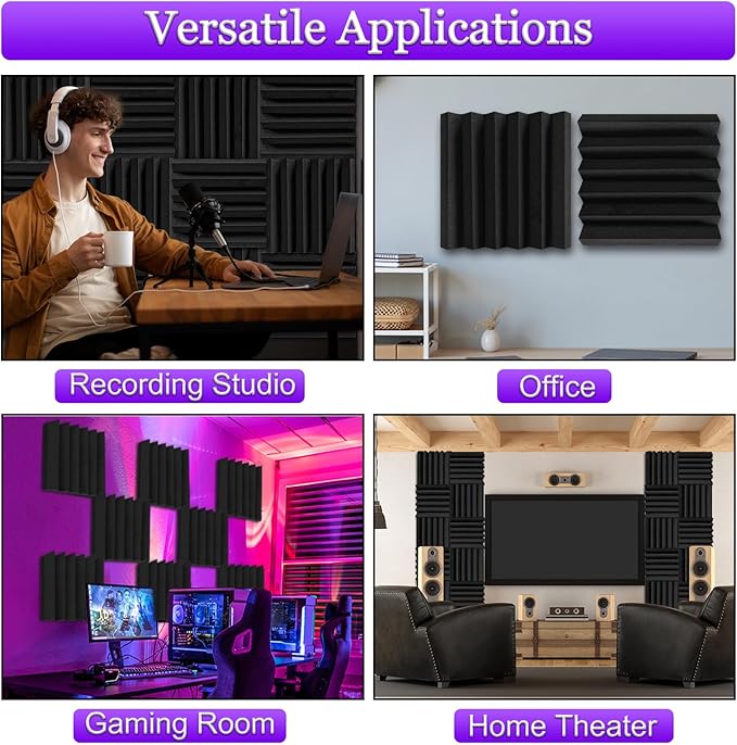 TroyStudio Thick Acoustic Foam Panels, 12 X 12 X 3 Inch 12 Pcs Broadband Sound Absorbing Foam, Dense Soundproof Padding Tile, Recording Studio Foam Absorber, Wedge Decorative 3D Wall Ceiling Panel