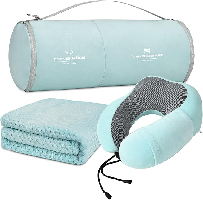 Travel Pillow and Blanket Set Neck Pillow Airplane Memory Foam for Traveling Compact with Bag Blue Green
