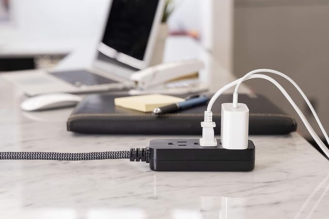GE 3-Outlet Power Strip Mini Extension Cord with Multiple Outlets 5 Inch Braided Short Cord Extension Cord Grounded Flat Plug Extension Cord ETL Listed 2 Pack Black 53240