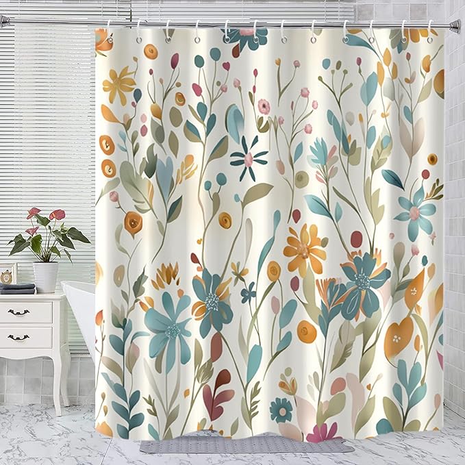 Colorful Floral Extra Long Shower Curtain, Wildflower Plant Leaves Cute Flower Spring Herbs Waterproof Fabric Machine Washable for Bathroom Bathtub Decor with Hooks 72Wx78H