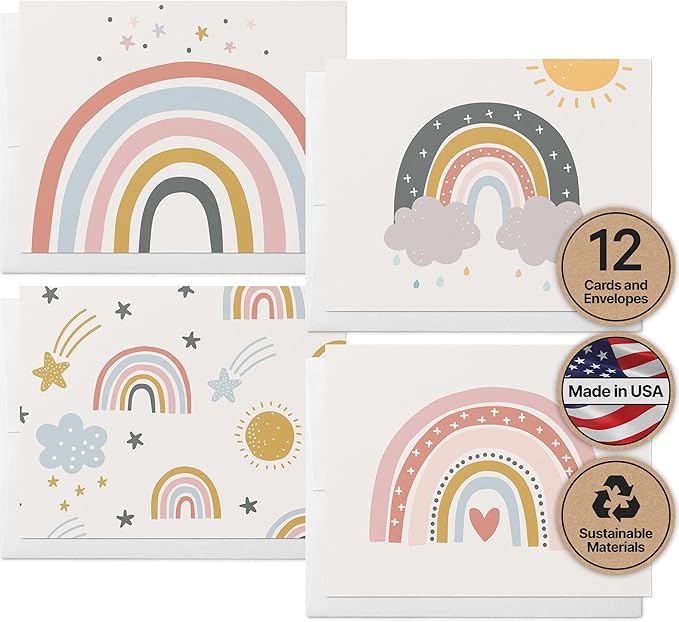 Twigs Paper - 12 Vibrant Rainbow Blank Greeting Cards with Envelopes - 4 Different Design Cute Stationery Set for All Occasions - Assorted Rainbow Bulk Set - Made in USA (5.5 x 4.25, Set of 12)