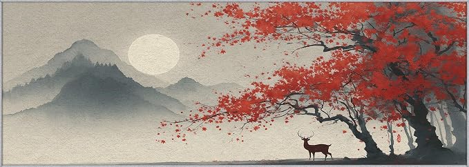 Asian Deer Runner Rug 4x11, Japanese Ink Design, Chinese Area Rug, Washable Non-Slip Floor Carpet Runner for Bedroom, Dining Room, Living Room Aisle