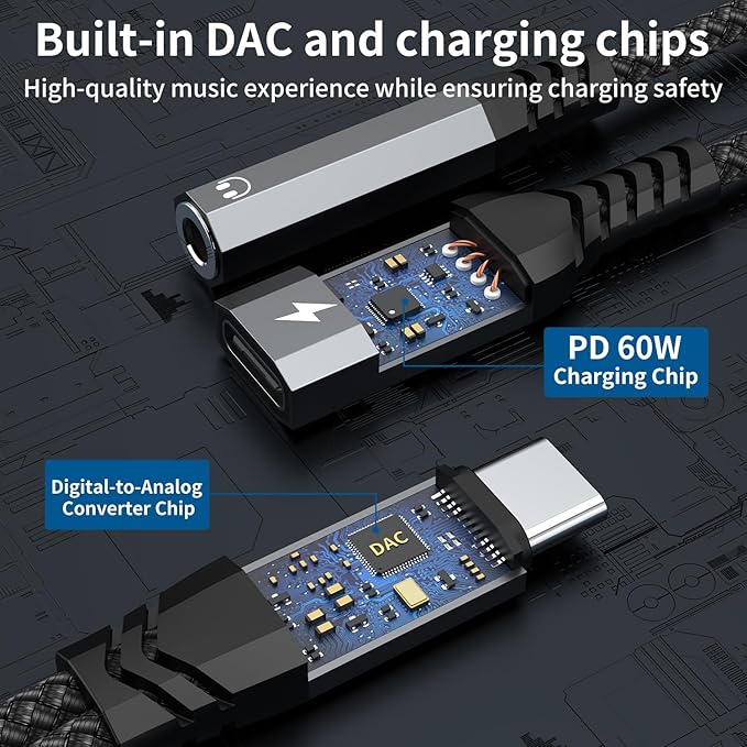 USB C to 3.5mm Headphone and Charger Adapter, 2-in-1 Type C to Aux Jack Cable with PD 60W Fast Charging for iPhone15 16 17 Pro Max, Samsung Galaxy S22 S23 S24 S25 Ultra, Note 20, iPad Air4, Pixel 8 9