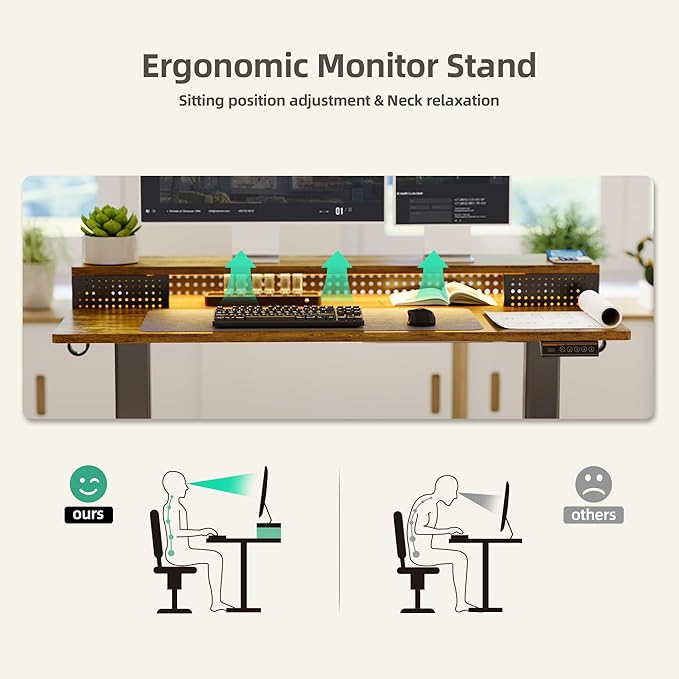 Claiks Electric Standing Desk with Shelf, 48 Inch Height Adjustable Standing Desk with LED Lights & Monitor Stand, Black Frame/Rustic Brown Top