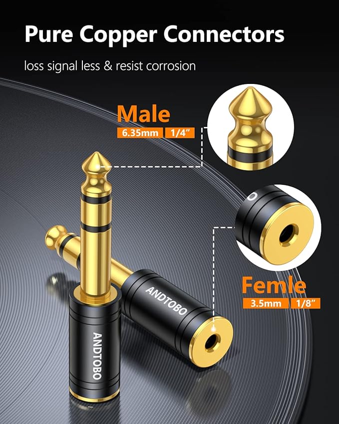 ANDTOBO 1/4''(6.35mm) Male to 1/8'' (3.5mm) Female Stereo Audio Jack Pure Copper Adapter for Headphone, Amp, 3 Pack-Black