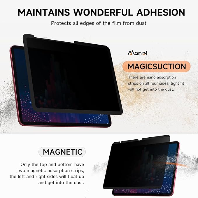 Upgrade 360° Privacy Screen Protector for iPad Air 13 inch M3 2025 & M2 2024, (iPad Air 7th/6th Generation), Magicsuction 4-Way Anti Spy Glare Blue Light Filter (Landscape+Portrait Privacy)