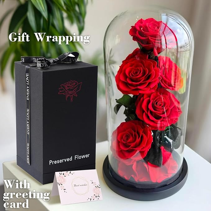 Flowers for Delivery - Forever Flowers Rose in Glass Dome with LED Lights, Large Size Preserved Roses Gifts for Women, Mom, Wife, Friend -Birthday, Anniversary, Valentine's Day Gift (Red Rose)