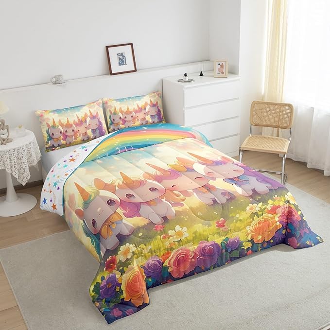 Unicorn Full Size Comforter Set,Reversible Cute Unicorn Rainbow Cartoon Horse Animal Bedding Comforters Bedroom Collection,Kawaii Style Flowers Galaxy Cloud Bedding Set for Girls Teens