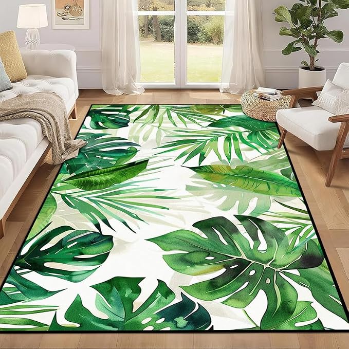 3'x5' Tropical Palm Leaf Rug Monstera Banana Leaves Floor Mat for Entryway Bedroom Living Room Nursery Playroom Home Decor Washable Low Pile Green Botanical Area Rug