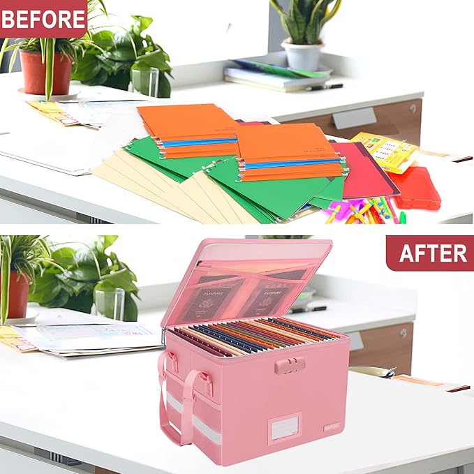 ENGPOW File Box with Lock, Fireproof Document Box with Pockets, Collapsible File Organizer Filing Storage Cabinet with Handle, Portable Home Office Safe for Hanging Letter/Legal Folders, Pink, 2 Pack