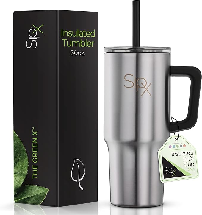 SIPX™ 30 oz Insulated Tumbler with Handle & Straw – Vacuum Insulated Stainless Steel, Leakproof, Cupholder Friendly – Perfect for Iced Coffee, Water & Travel – Stainless