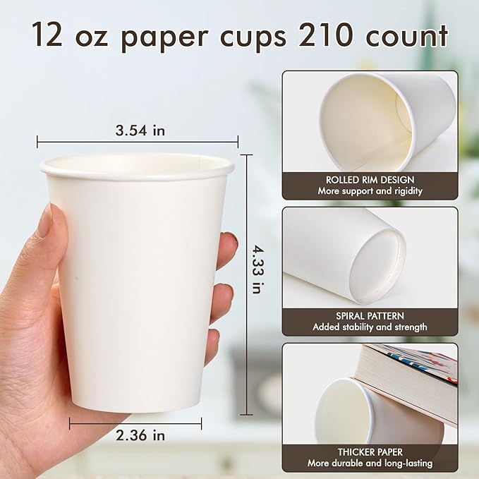 TV TOPVALUE 210 Count 12 oz Coffee Cups, White Paper Cups 12 oz for Water Juice or Tea, Perfect for Office Home Party