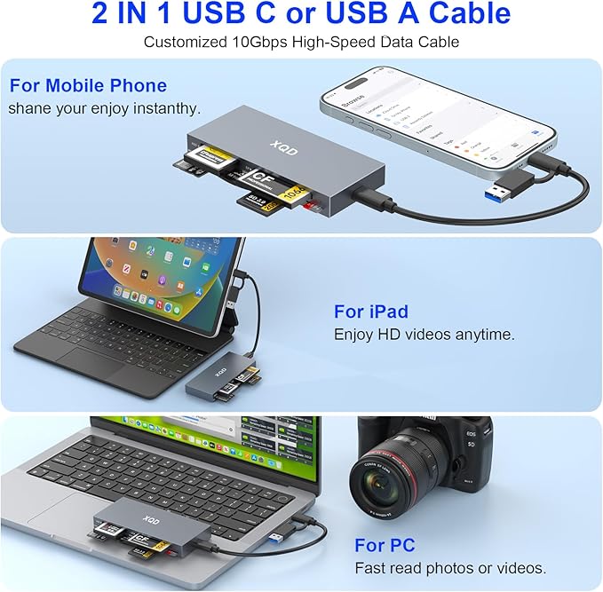 8 in 1 XQD Card Reader, 10Gbps Multi XQD Reader for Sony G/M Series, Lexar 2933x/1400x USB Mark XQD Card/CF/XD/MS/TF/SD Reader, USB C USB 3.0 Memory Card Reader for Windows/Mac OS/Linux/Android