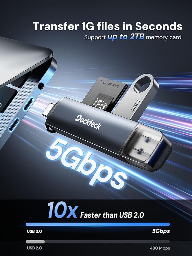 Dockteck SD Card Reader, 5G Super Speed USB3.0 SD/TF Card Reader, 3-Slot USB A/C to SD/Micro SD/USB A Memory Card Reader for UHS-I SD/Micro SD/SDHC/SDXC/MMC, Support OTG for Plug&Play (Pack of 2)