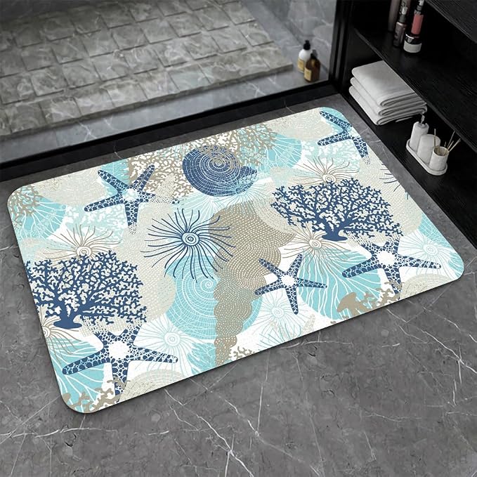 Diatomaceous Earth Bath Mat,Cute Corals and Seashells Non-Slip Volume Super Absorbent Fast Drying for Bathroom Kitchen mat,Eco-Friendly Easy to Clean 16×24Inch (40 * 60cm)