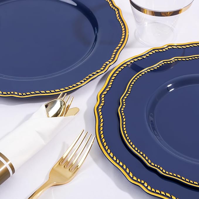 Hioasis 175pcs Blue Gold Plastic Plates - Gold Plastic Dinnerware Set Includes 25 Dinner Plates, 25 Dessert Dinnerware, 25 Cups, 25 Napkins Perfect for Christmas & Party