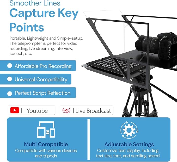 Teleprompter 4.0 12" Compatible with iPad, Tablet, Smartphone and DSLR Camera, Remote or App Control, Compatible with Android and iOS, Ideal for Video Recording, Aluminum Alloy