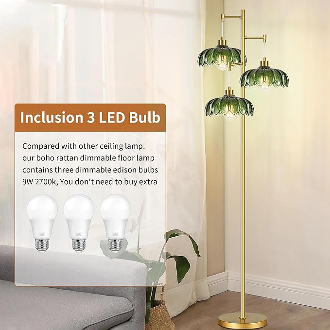 ILLMTW Glass Gold Floor Lamp for Living Room,Bedroom,Mid Century Modern Standing Lamp Brass Tree 3 Light Tall Floor Lamps Vintage Retro Floor Lights Green Flower Lamp Shade Farmhouse Boho Bohemian