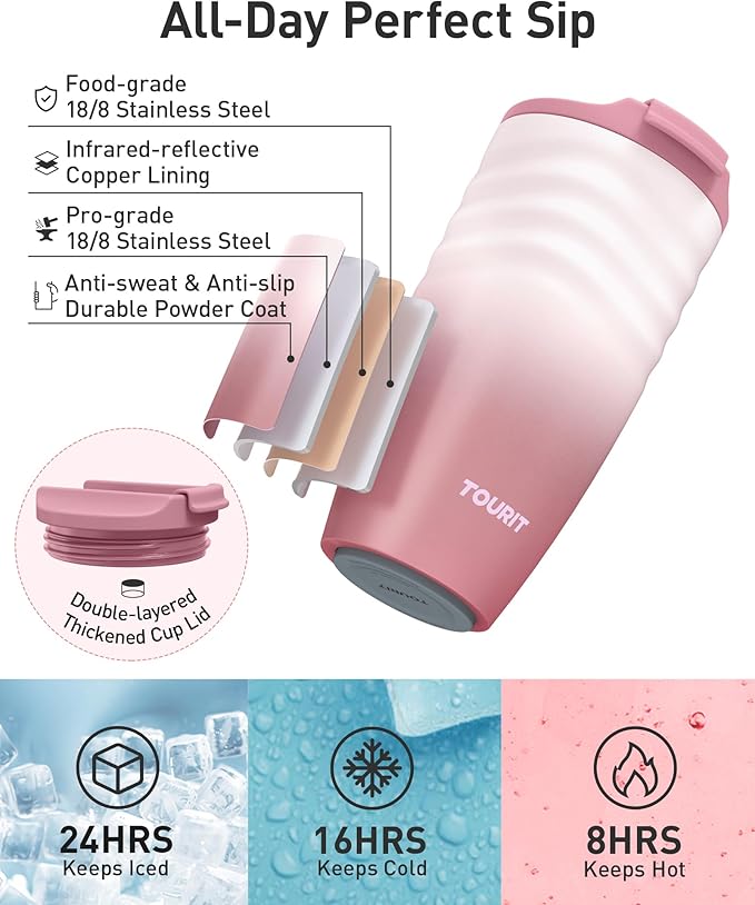 TOURIT 12 oz Travel Coffee Mug, Insulated Stainless Steel Travel Mug with Lid, Leak-Proof Double-Wall Vacuum Tumbler, Reusable Coffee Cup - Mist Purple