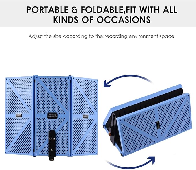 Portable Desktop Soundproof Cover,3 Doors Foldable Acoustic Panels Studio Equipment,Vocal Absorbing Shield to Filter Vocal for Microphone,for Home Studio(Blue)