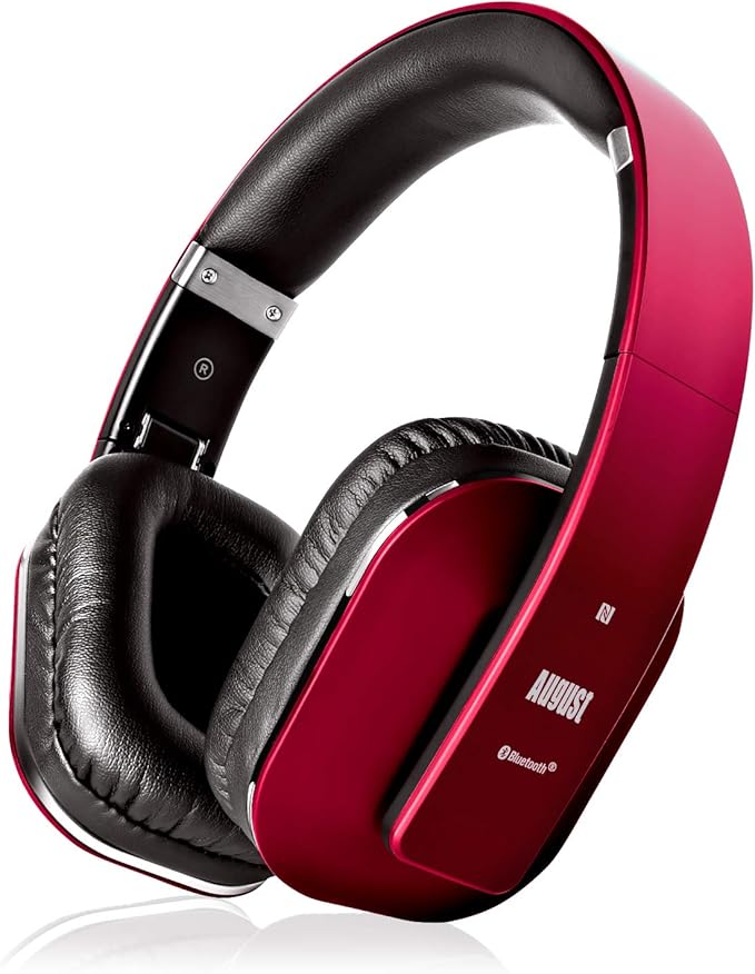 August EP650 Bluetooth Wireless Over-Ear Headphones with aptX Low Latency, NFC, Multipoint Pairing, Wired Option, Built-in Microphone - Red