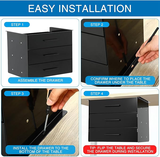 Menkxi 16 Inch Slide out Under Desk Drawer 3 Layer Pull out Desk Organizer Storage Metal Mounted Sliding Hidden Under Counter for Writing Office Sit Stand Workstation, Vertically Stacked, Black