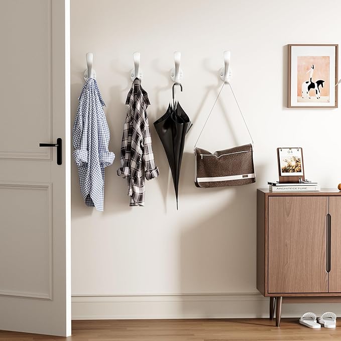 Coat Hooks Heavy Duty - Easy to Install Metal Towel Hooks Fashionable Wall Hooks for Hanging Hat, Towel, Key, Robe, Scarf, Bag, Cap (6 PCS White)