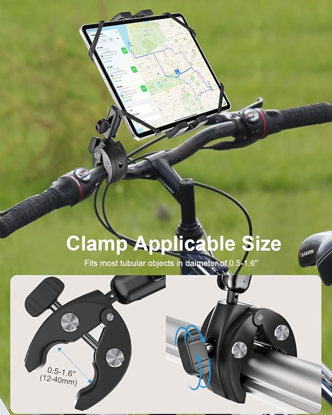 Metal iPad Tablet Mount Holder for Boat Helm, Wheelchair Pole, Bike, Motorcycle, Stroller, Fitness bike, Road Mountain Bicycle, Scooter Handlebar Clamp for 4.7-13" iPad Pro, Air, Mini, iPhone, Galaxy