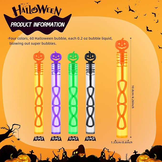 60 Pack Halloween Bubble Wands, Mini Bubble Toys for Halloween Party Favors, Novelty Supplies, Halloween Toys for Girls Boys Kids Classroom Rewards Gifts