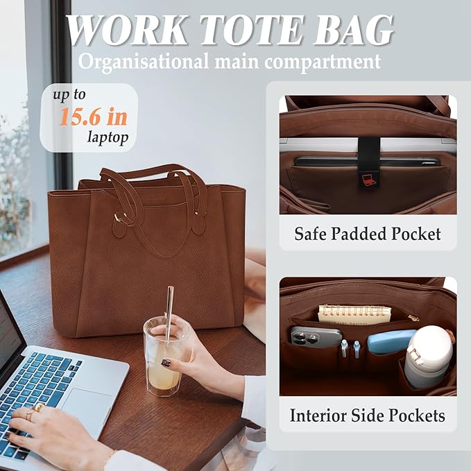 RAINSMORE Laptop Bag for Women 15.6 Inch Work Tote Bags Waterproof Computer Bags Leather Professional Laptop Purse Womens Laptop Briefcase Large Handbag for Office Teacher Travel, Retro Brown