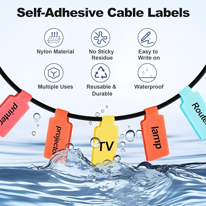 40 Pack Cable Labels Tags, Multi-Color Write On Wire Cord Tags and Charger Labels Waterproof for Cable Management and Identification Electronics (Rectangular)