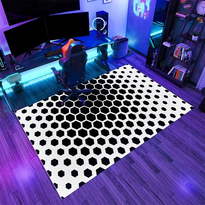 Modern Geometric Area Rugs, Black White Honeycomb Carpet, Washable Non Slip Low Pile Soft Rug for Living Room Bedroom Decor Mat 5x8ft