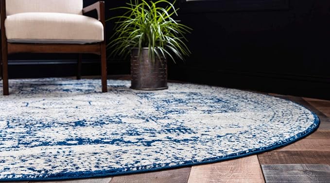 Unique Loom Bromley Collection Area Rug - Wells (3' 1" Round, Ivory and Blue/ Ivory)